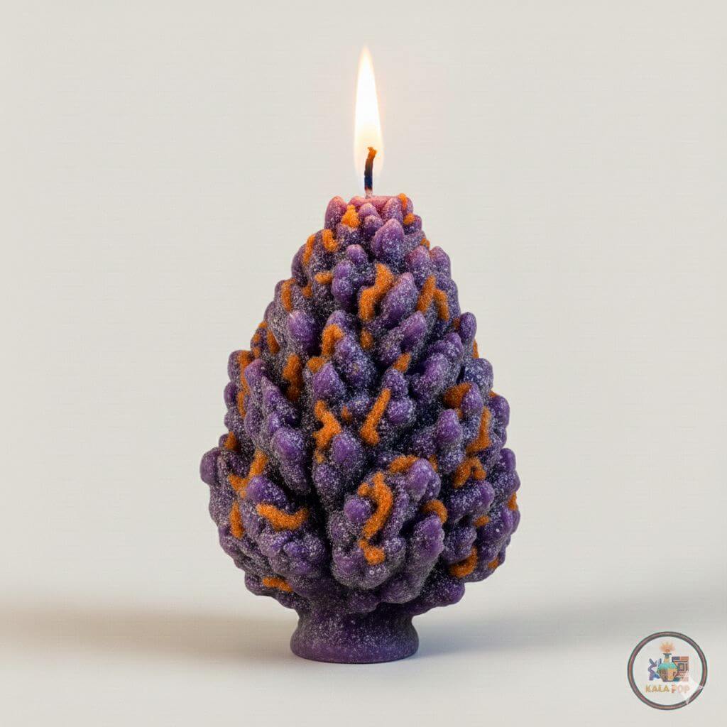 Purple Haze Kush HandcraCandle Handmade purple in a unique pine cone shape, featuring vibrant colors and a gentle flame.